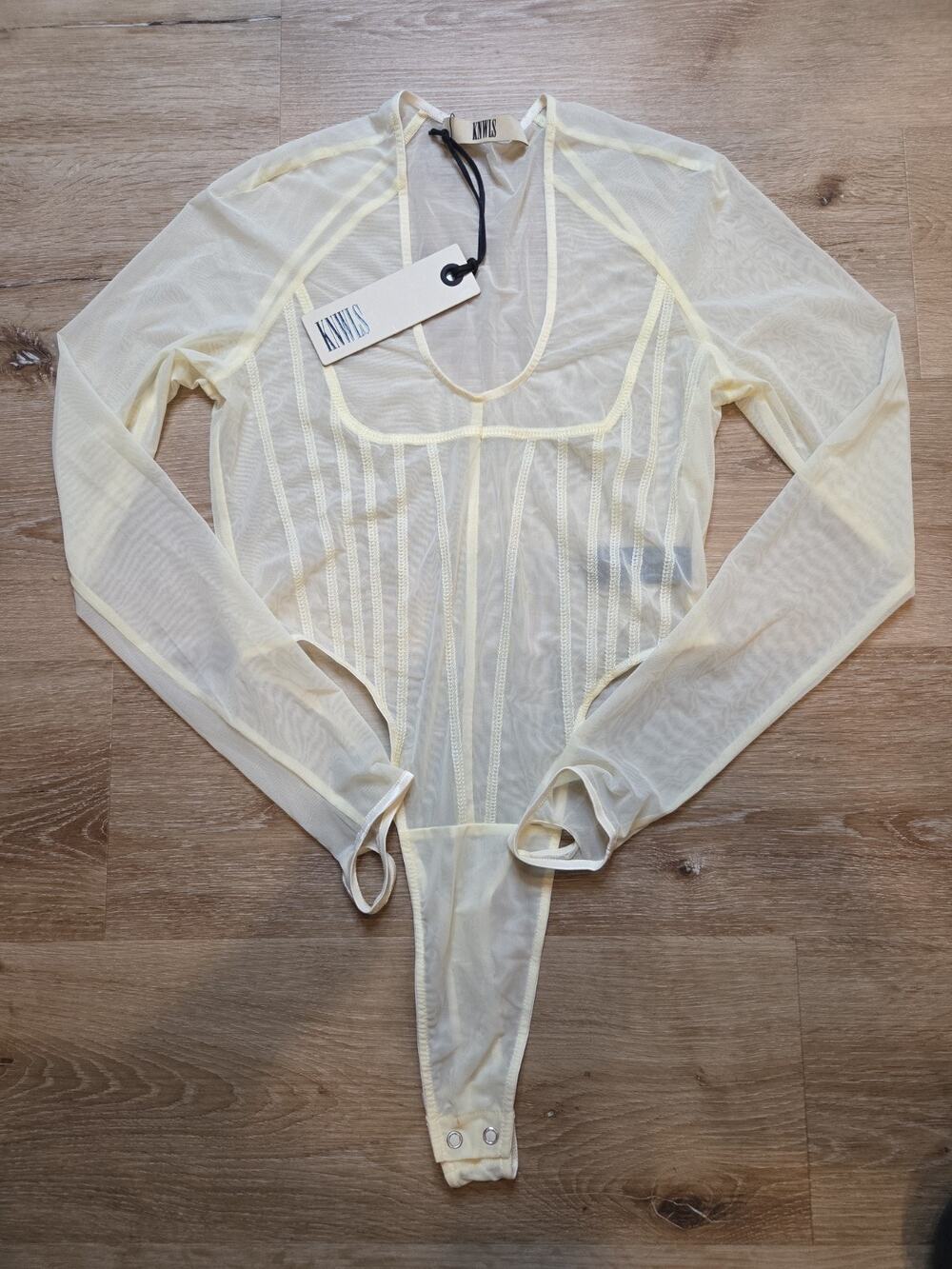 KNWLS Haze Leotard Ecru Sheer Mesh Long Sleeve Bodysuit Top NWT